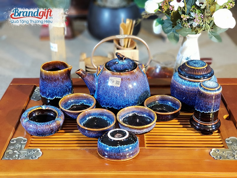 Bộ ấm chén men hỏa biến xanh