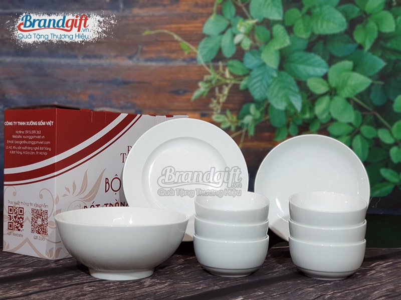 Bộ bát đĩa sứ trắng quà tặng