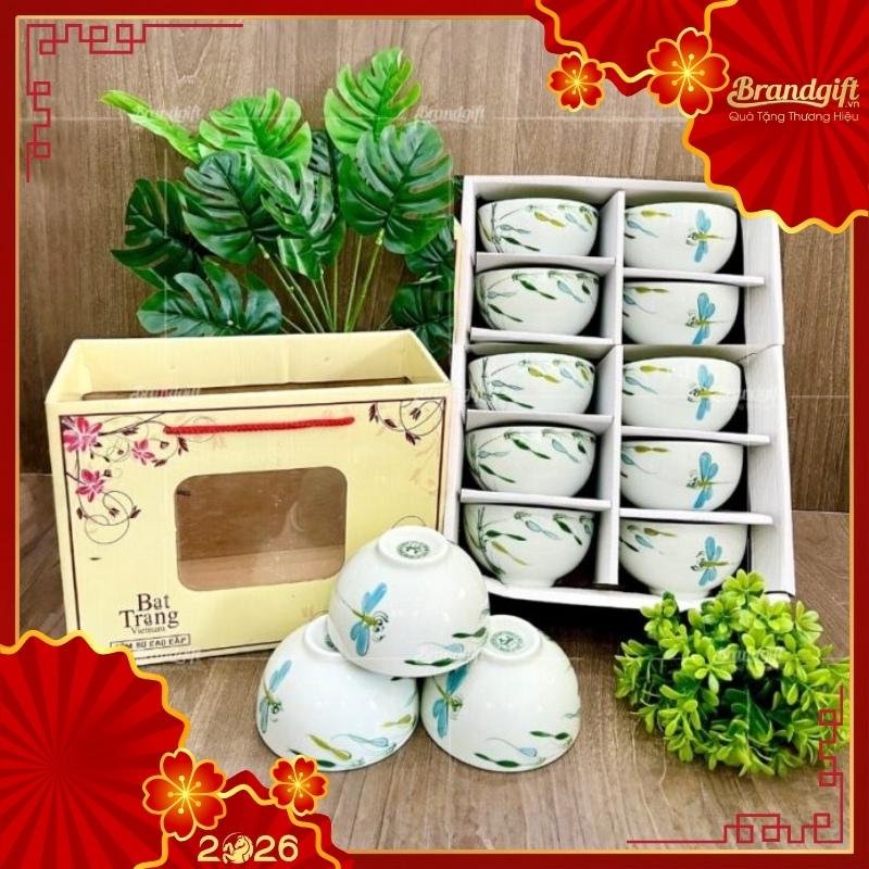 bộ 10 bát cơm gốm sứ Bát Tràng họa tiết nhánh tre chuồn chuồn BC10-59