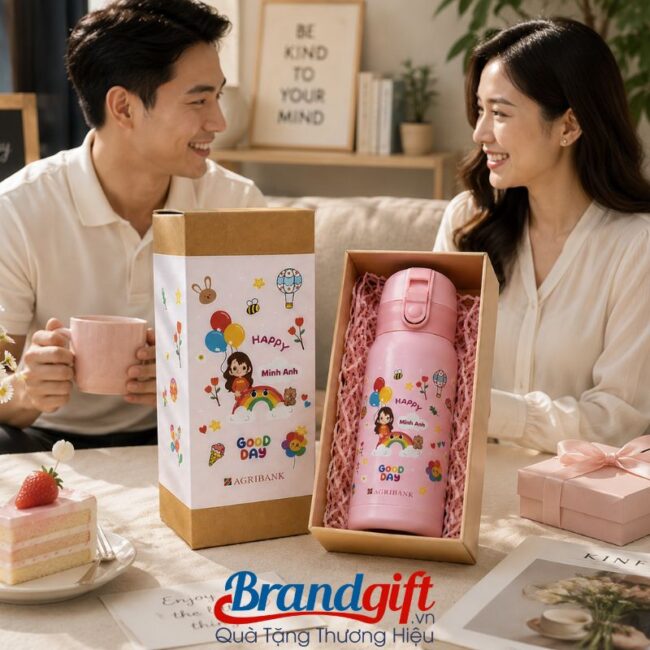 Bình giữ nhiệt in logo màu hồng