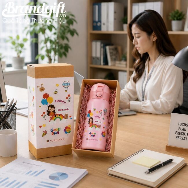 Bình giữ nhiệt in logo màu hồng