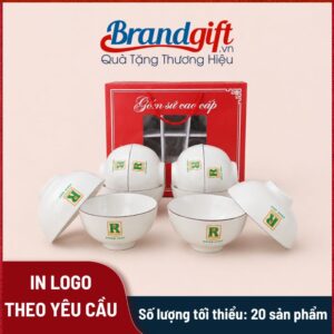 Bộ 10 bát cơm in logo men trắng gốm sứ Bát Tràng