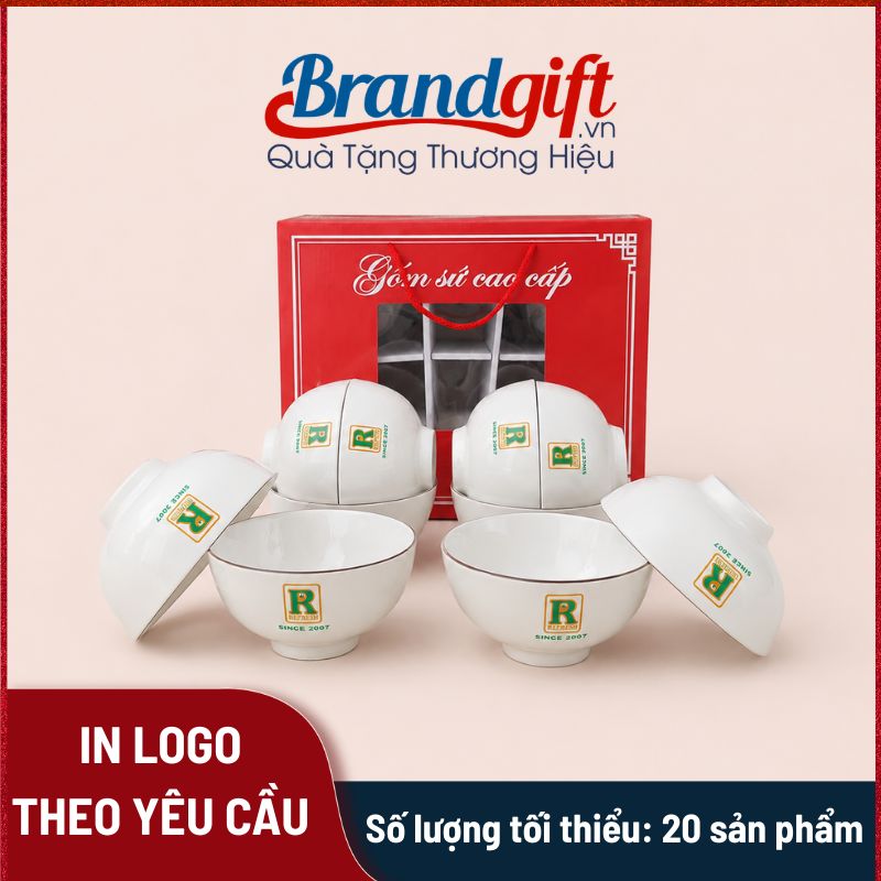 Bộ 10 bát cơm in logo men trắng gốm sứ Bát Tràng