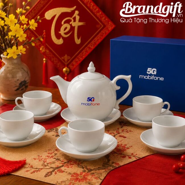 Bộ ấm chén in logo quà tặng dáng bưởi lửa