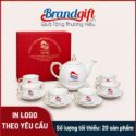 Bộ ấm chén in logo quà tặng dáng bưởi lửa kẻ vàng kim