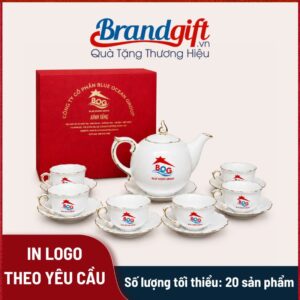 Bộ ấm chén in logo quà tặng dáng bưởi lửa kẻ vàng kim