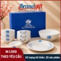 Bộ bát đĩa Bát Tràng in logo họa tiết vẽ hoa xanh