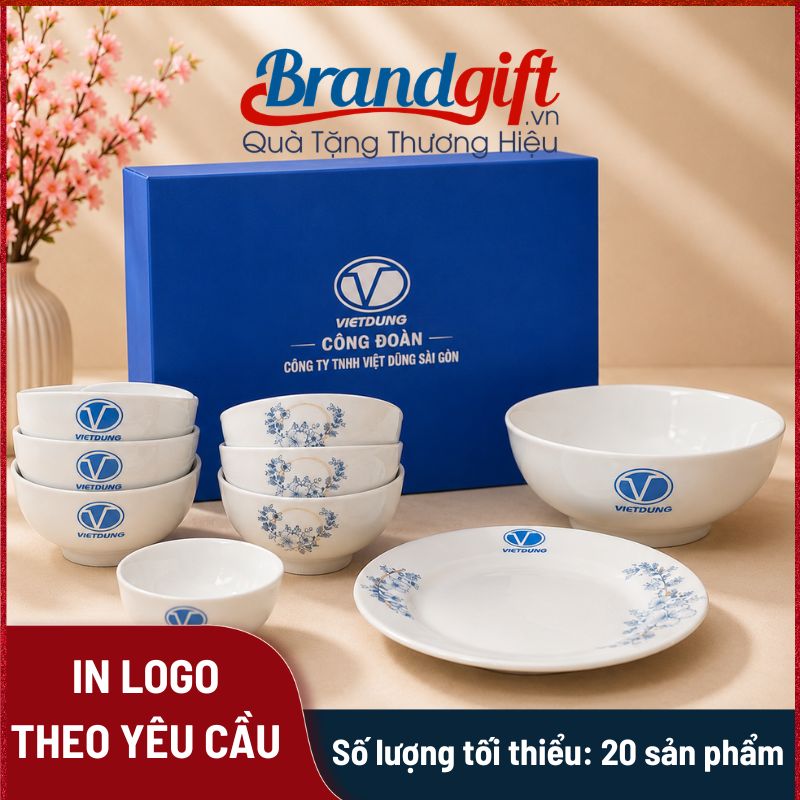 Bộ bát đĩa Bát Tràng in logo họa tiết vẽ hoa xanh