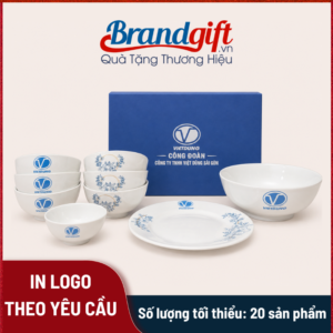 Bộ bát đĩa Bát Tràng in logo họa tiết vẽ hoa xanh