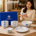 Bộ bát đĩa Bát Tràng in logo họa tiết vẽ hoa xanh