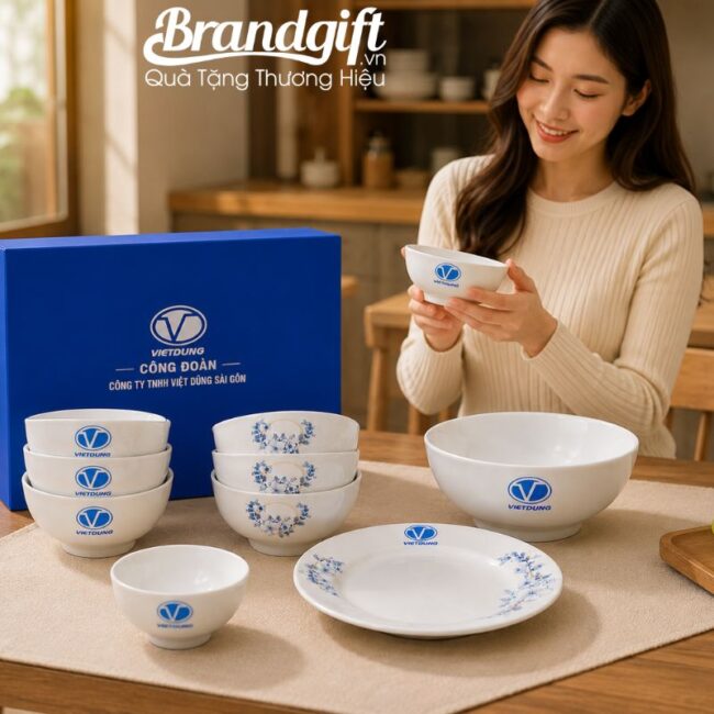 Bộ bát đĩa Bát Tràng in logo họa tiết vẽ hoa xanh (4) Bộ bát đĩa Bát Tràng in logo họa tiết vẽ hoa xanh