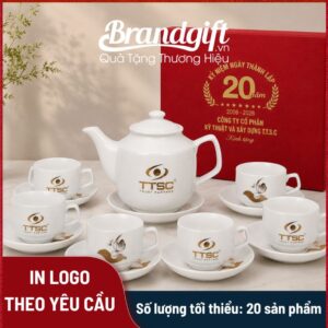 Bộ trà trắng vuông cao in logo quà tặng 650ml