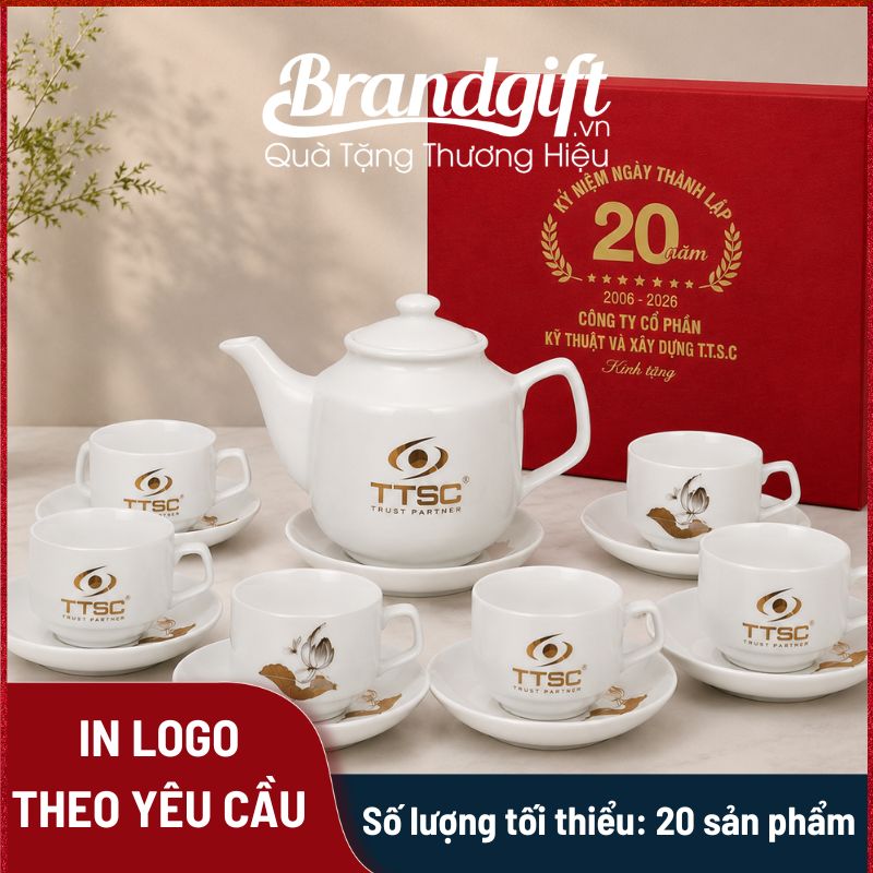 Bộ trà trắng vuông cao in logo quà tặng 650ml