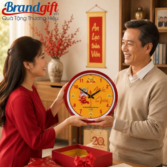Đồng hồ treo tường mặt tròn vành gỗ in logo quà tặng (1) Đồng hồ treo tường mặt tròn vành gỗ in logo quà tặng