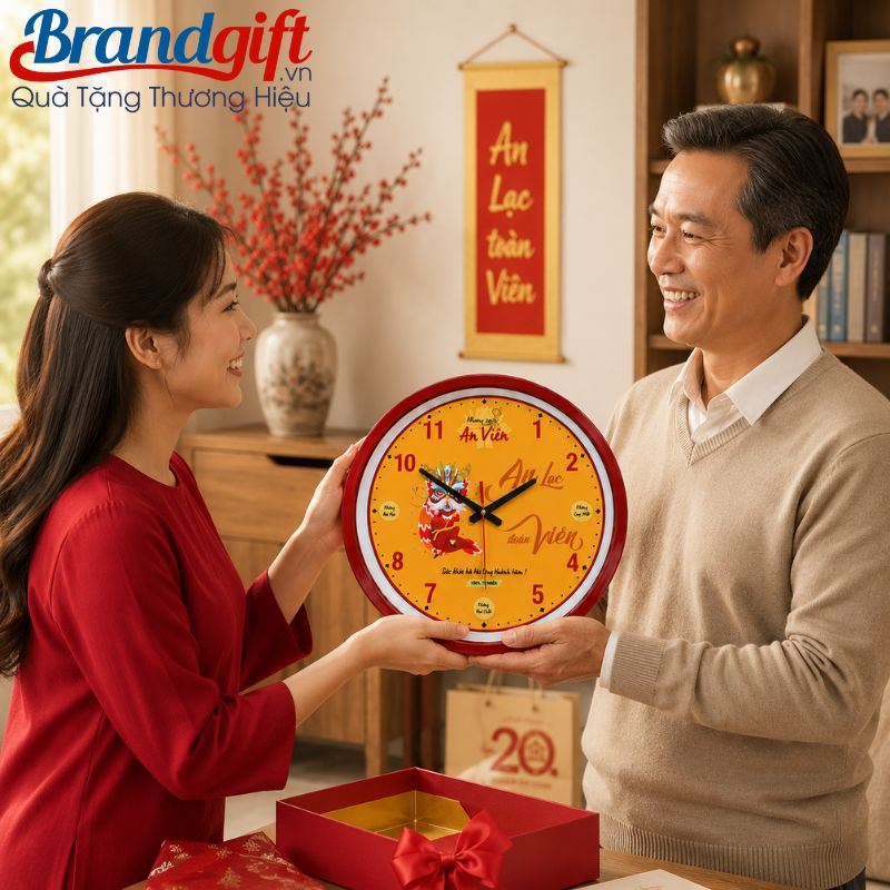 Đồng hồ treo tường mặt tròn vành gỗ in logo quà tặng