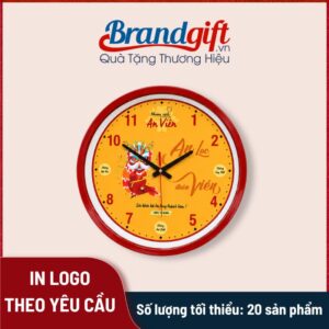 Đồng hồ treo tường mặt tròn vành gỗ in logo quà tặng