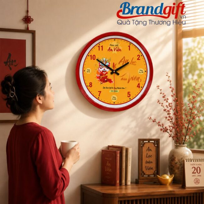 Đồng hồ treo tường mặt tròn vành gỗ in logo quà tặng (4) Đồng hồ treo tường mặt tròn vành gỗ in logo quà tặng