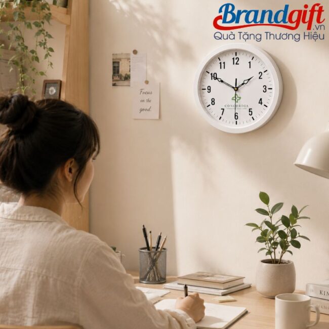 Đồng hồ treo tường mặt tròn vành sơn trắng in logo quà tặng