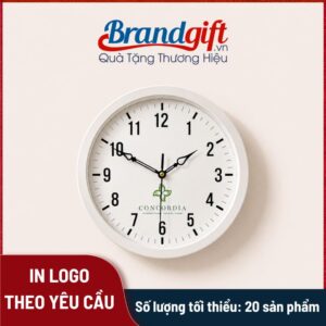 Đồng hồ treo tường mặt tròn vành sơn trắng in logo quà tặng