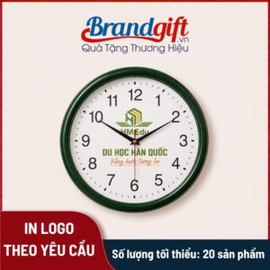 Đồng hồ treo tường mặt tròn vành xanh lá in logo quà tặng