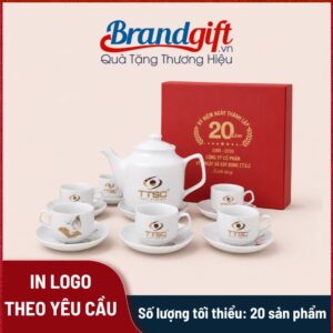 Bộ trà trắng vuông cao in logo quà tặng 650ml
