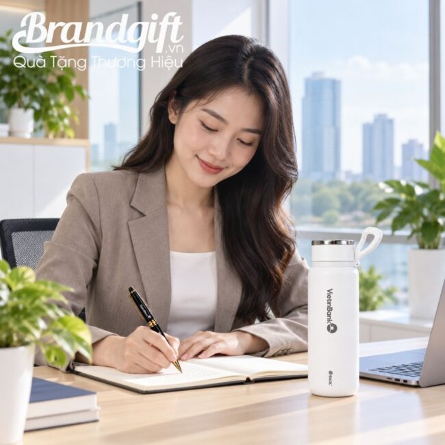 Bộ Giftset Bút Ký Và Bình Giữ Nhiệt Quai Xách In Logo
