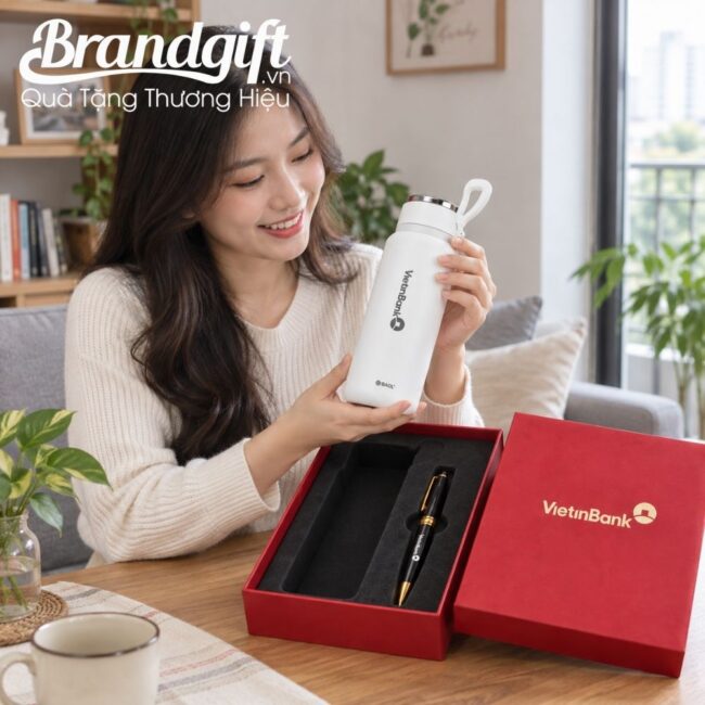 Bộ Giftset Bút Ký Và Bình Giữ Nhiệt Quai Xách In Logo