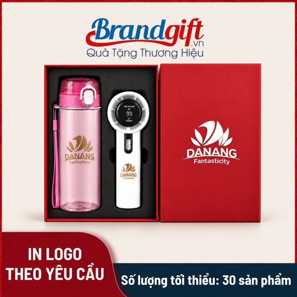 Set quà tặng quạt điện cầm tay và bình nước nhựa