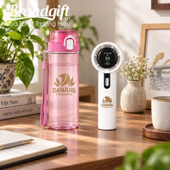 bo-qua-tang-binh-nuoc-nhua-quat-cam-tay (5) Set quà tặng quạt điện cầm tay và bình nước nhựa