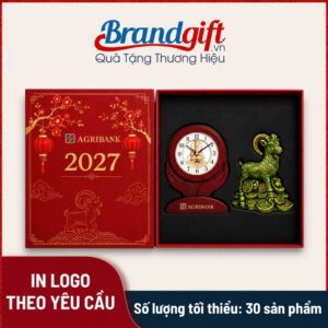 Bộ quà tặng cao cấp đồng hồ để bàn và tượng dê gốm sứ