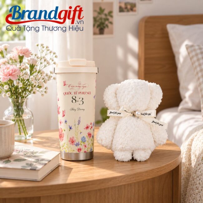 Set quà tặng 8/3 cốc giữ nhiệt và khăn gấp gấu