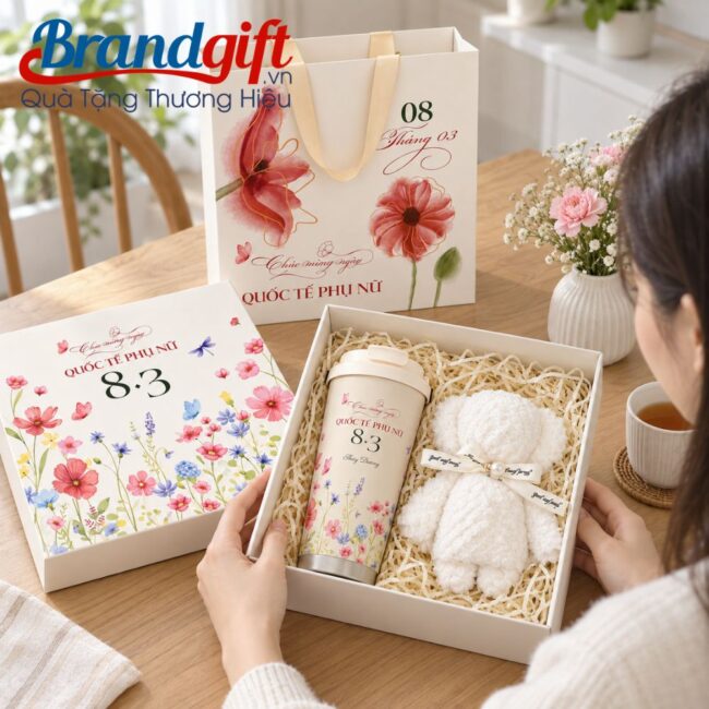 Set quà tặng 8/3 cốc giữ nhiệt và khăn gấp gấu