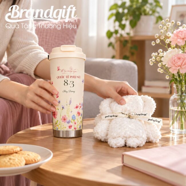 Set quà tặng 8/3 cốc giữ nhiệt và khăn gấp gấu