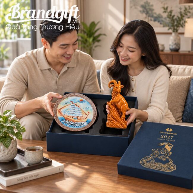 Bộ quà tặng giftset đĩa sứ và tượng Dê