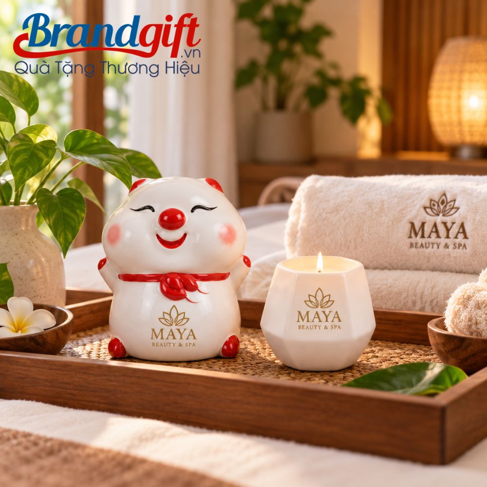 Bộ giftset quà tặng heo đất và cốc nến thơm in logo