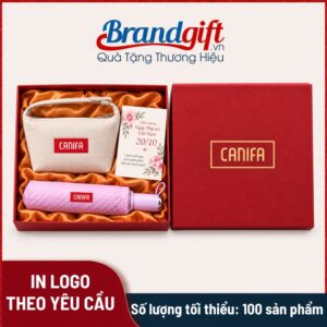 Combo quà tặng túi cói và ô dù gấp gọn in logo
