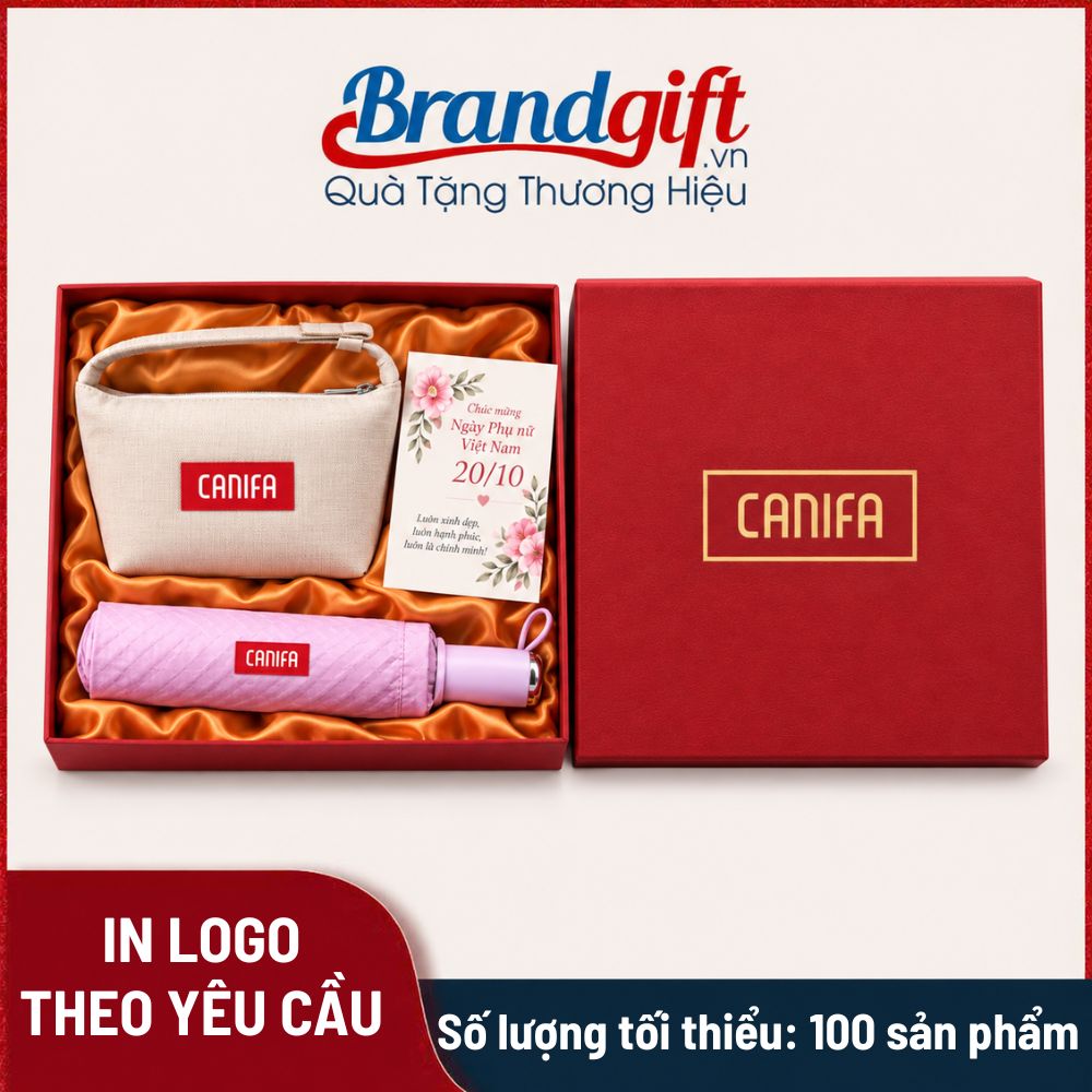 Combo quà tặng túi cói và ô dù gấp gọn in logo