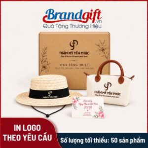 Combo quà tặng mũ cói và túi xách in logo