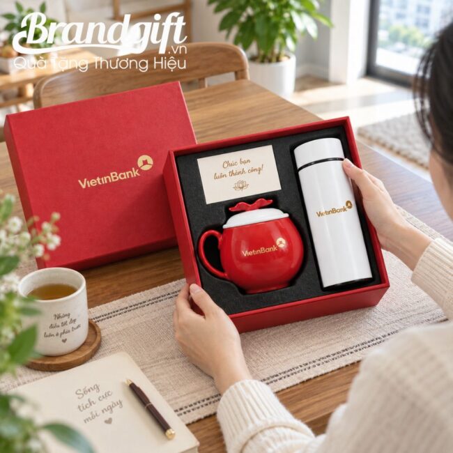 Bộ giftset quà tặng cốc sứ và bình giữ nhiệt in logo