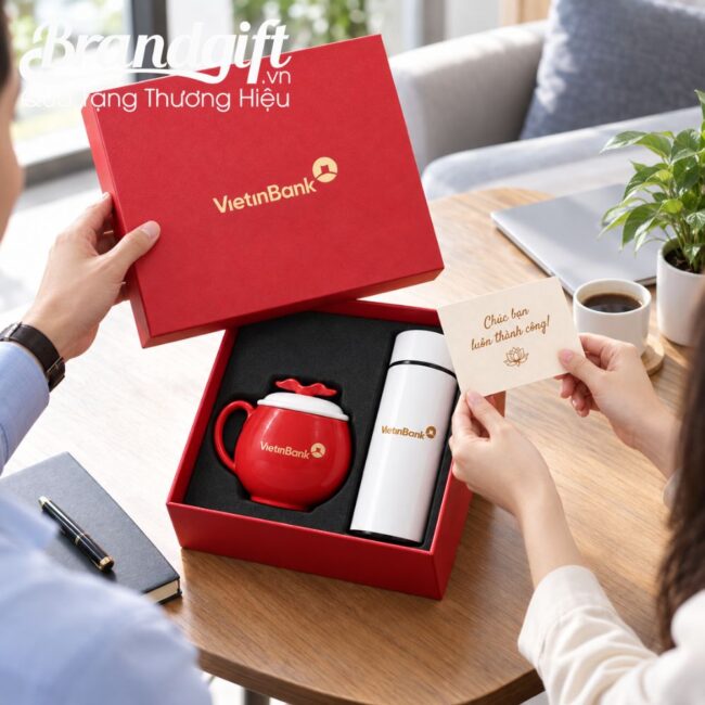 Bộ giftset quà tặng cốc sứ và bình giữ nhiệt in logo
