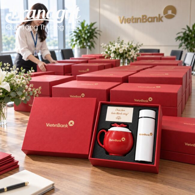 Bộ giftset quà tặng cốc sứ và bình giữ nhiệt in logo