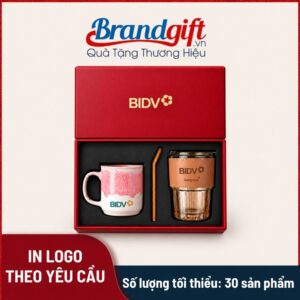 Combo quà tặng cốc sứ và ly thủy tinh bọc da kèm ống hút