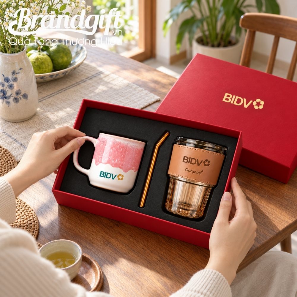 Combo quà tặng cốc sứ và ly thủy tinh bọc da kèm ống hút