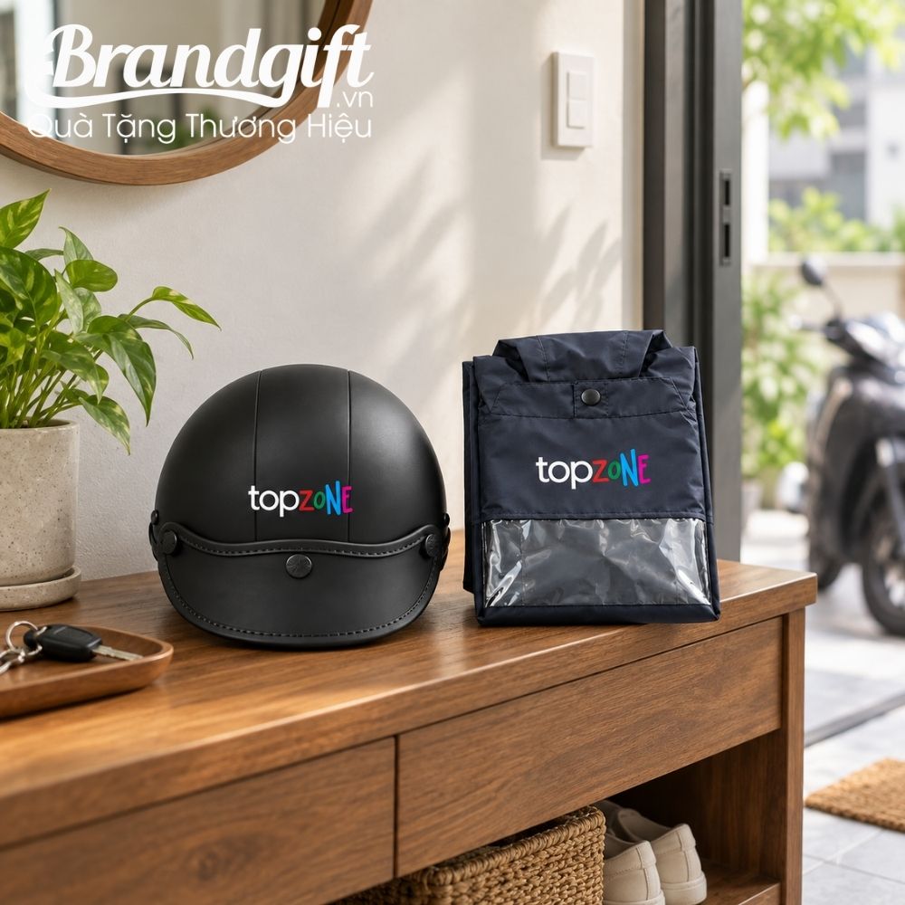 Set quà tặng áo mưa và mũ bảo hiểm in logo