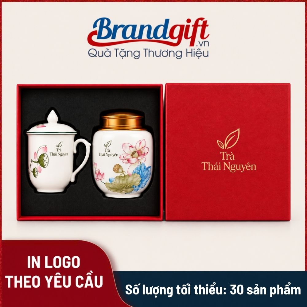 Bộ Giftset hũ đựng trà và ly sứ vẽ tay