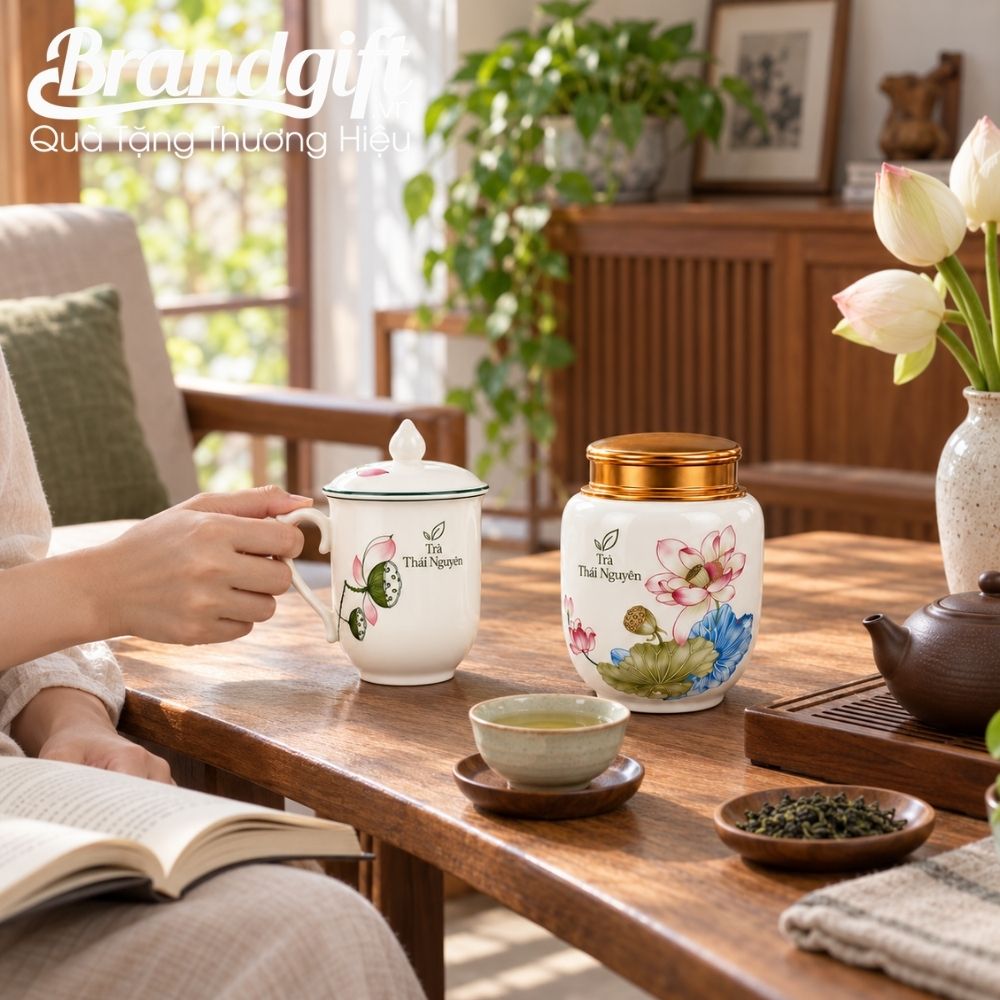 Bộ Giftset hũ đựng trà và ly sứ vẽ tay