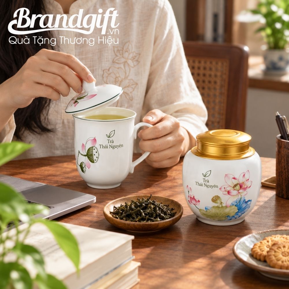 Bộ Giftset hũ đựng trà và ly sứ vẽ tay