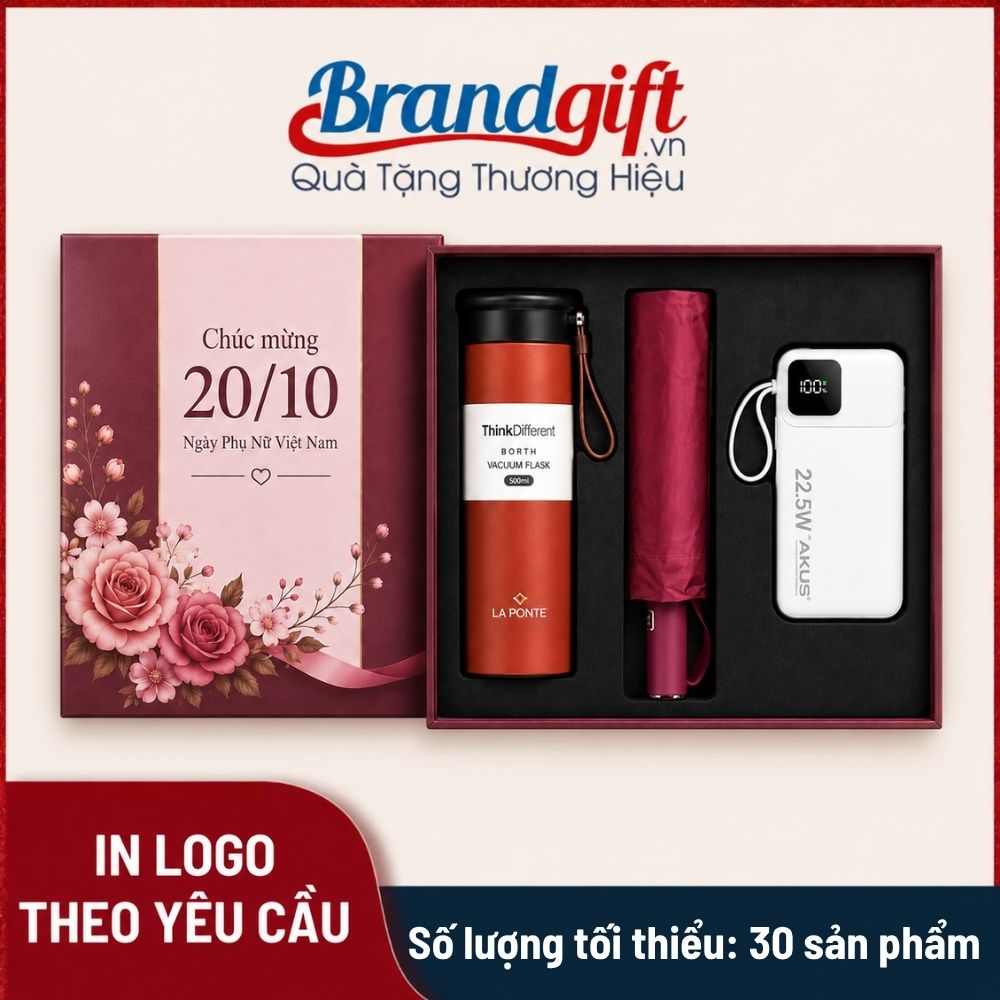 Bộ quà tặng 20/10 bình giữ nhiệt, ô cầm tay và sạc dự phòng